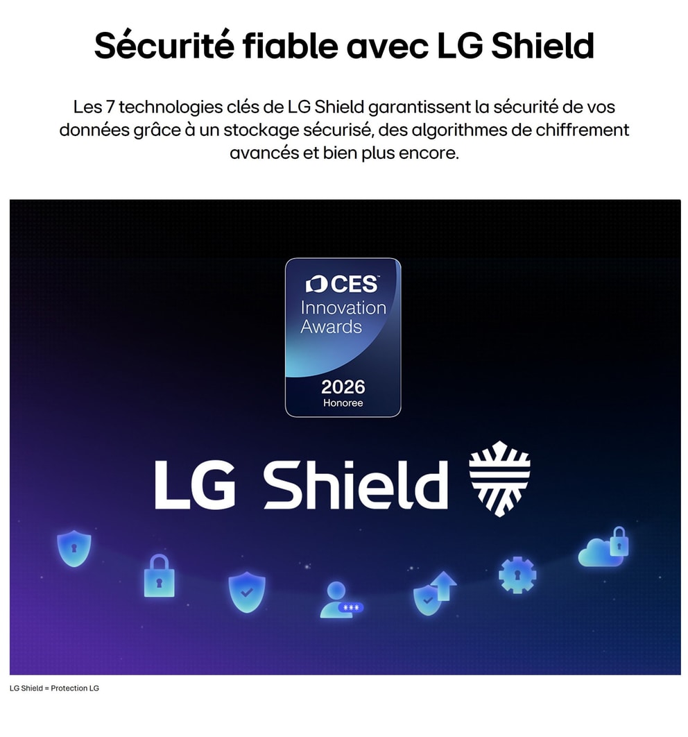 Le LG Shield, appliqué à LG OLED evo AI C6, est présenté avec un logo LG Shield au centre, des icônes de sécurité ci-dessous et un badge du lauréat des CES Innovation Awards 2026 ci-dessus, représentant la protection des données et du système.